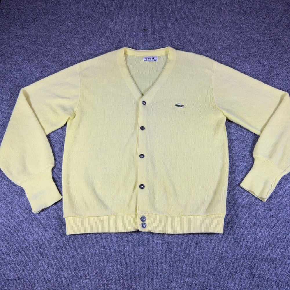 Vintage Izod Lacoste Cardigan Sweater Yellow V-Neck Crocodile Logo ILGWU USA